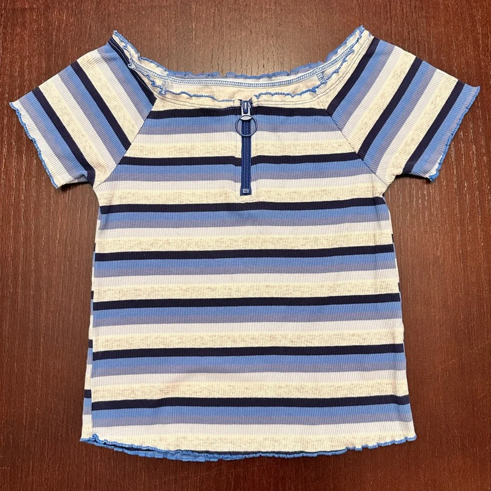 Justice Girls Blue and White Stripped Ribbed Off The shoulder Top
